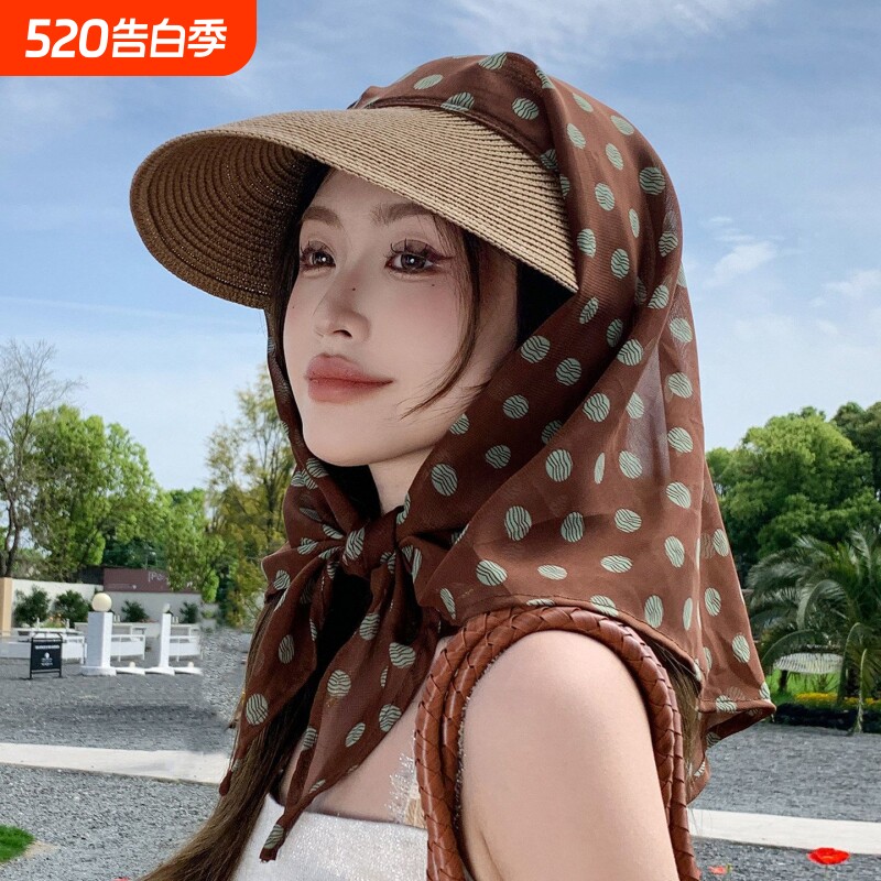 绑带丝巾草编帽子女防晒帽夏季防紫外线新款遮发护颈遮阳帽太阳帽