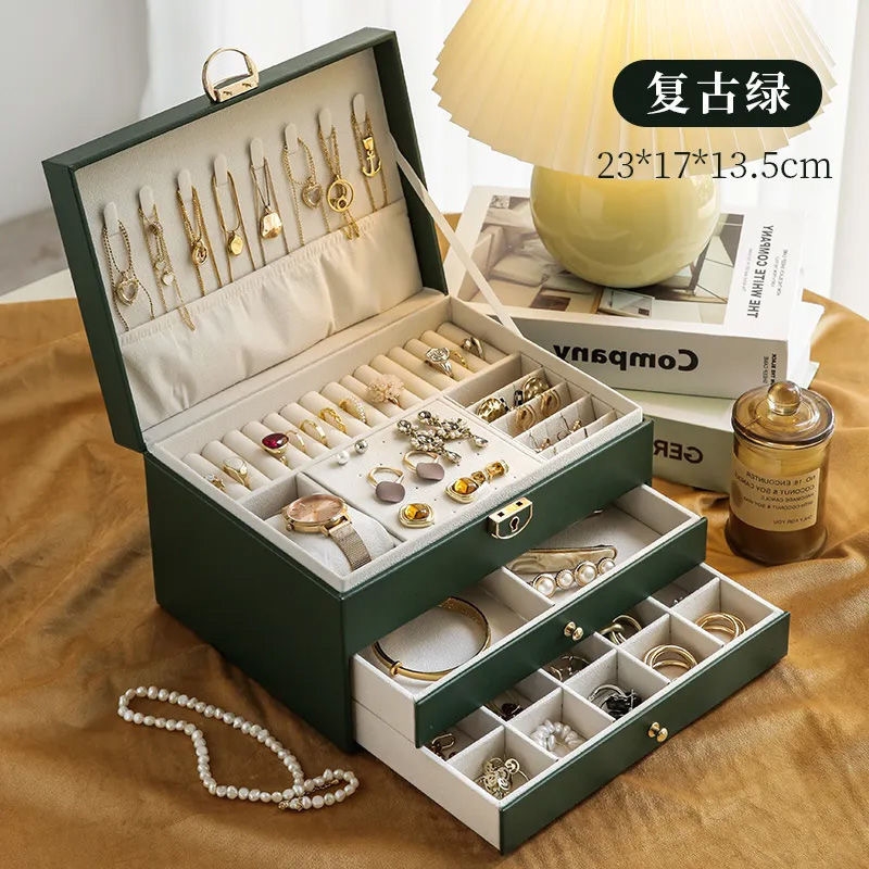 大容量首饰盒皮革三层抽屉饰品收纳盒黄金珠宝项链耳钉手镯