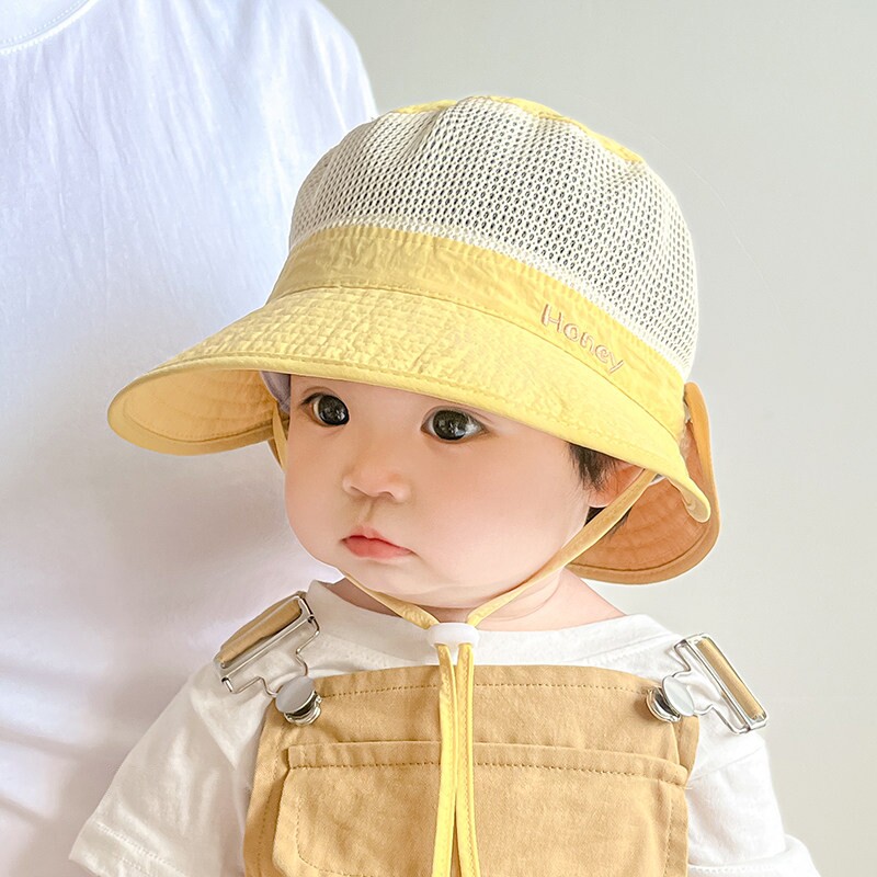 婴儿帽子夏季遮阳帽渔夫帽男童女宝宝网大檐可拆披肩儿童透气速干