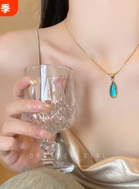 蓝色海洋~复古水滴吊坠项链女清冷高级感轻奢锁骨链气质百搭配饰