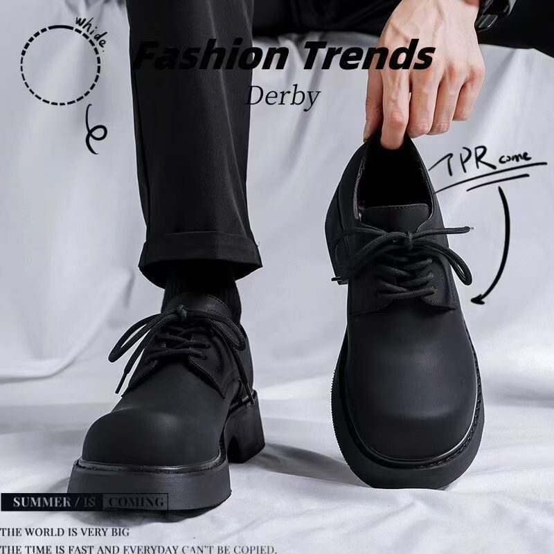 2025春季新款大头德比男鞋厚底休闲皮鞋男士工装鞋潮英伦圆头黑色