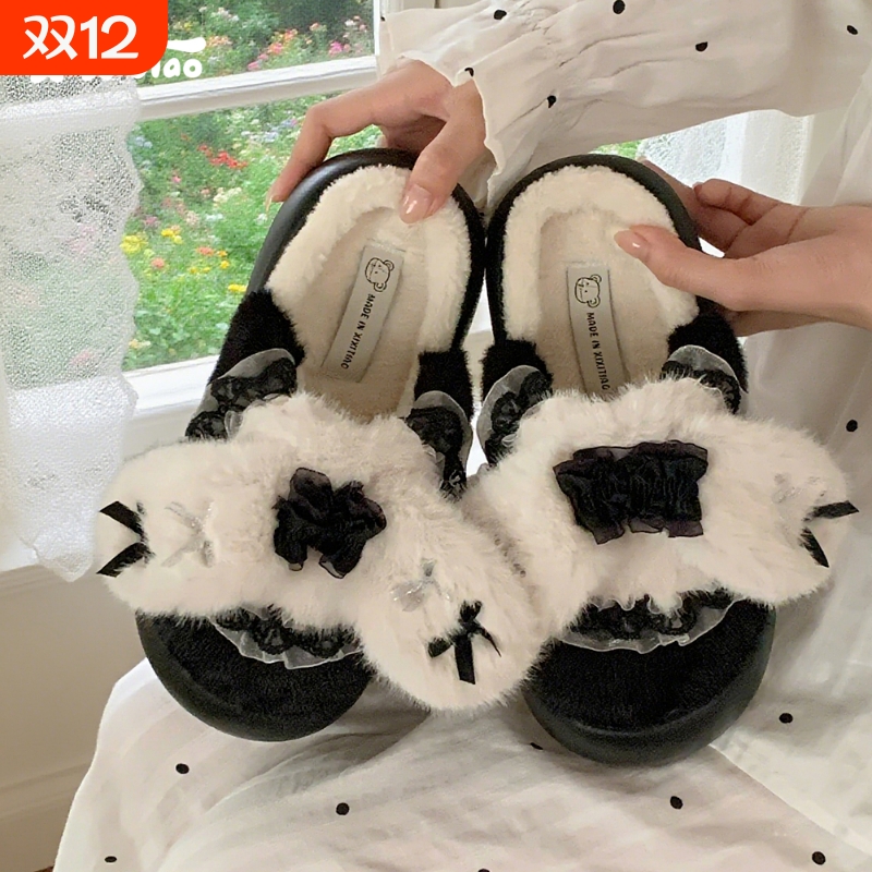 细细条 lo洛丽塔兔子耳朵棉拖鞋女冬防滑网红时尚居家外穿毛毛鞋