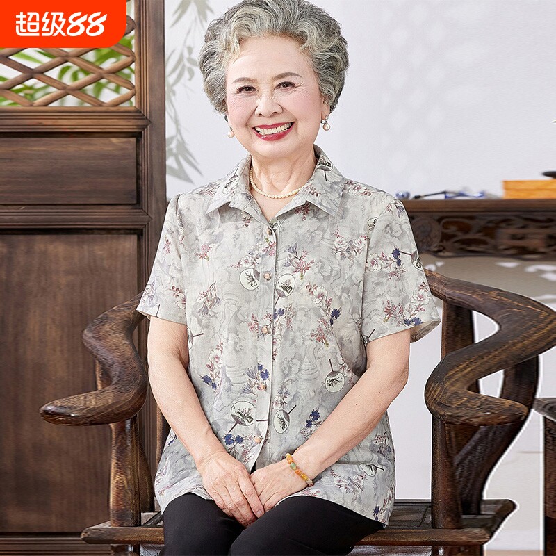 奶奶夏季宽松短袖衬衫中老年上衣图片