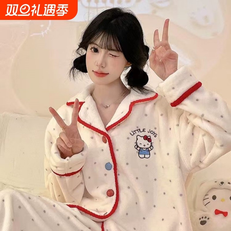 秋冬季加厚款珊瑚绒睡衣女套装冬