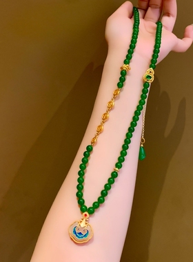 秋季新中式祖母绿钱币配件吊坠兰花流苏古法金毛衣链项链女绿色