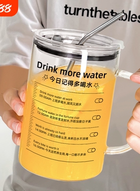 大容量玻璃水杯1000ml高硼硅杯子2025新款女高颜值咖啡水果吸管杯