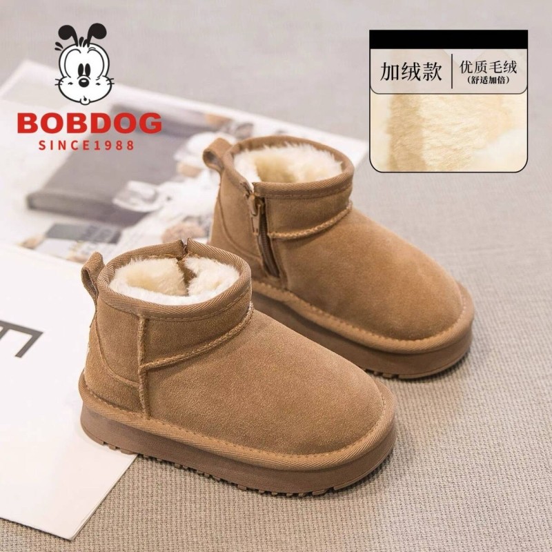 巴布豆儿童真皮雪地靴2025冬季新款女童加绒短靴男童棉靴保暖鞋潮