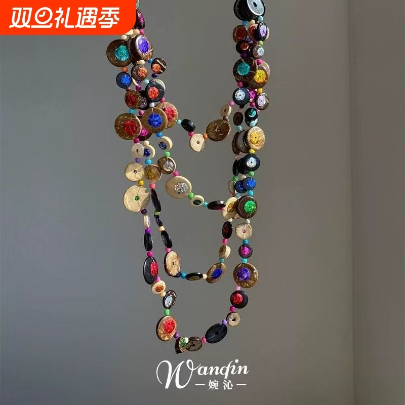 「大艺术家」波西米亚彩色圆牌项链多层复古长款民族风个性锁骨链