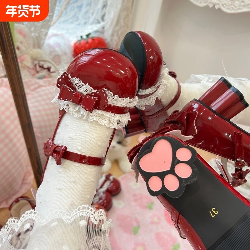 蔻孜现货【甜心蜜桃】夹心爱蜜桃原创Lolita圆头lo鞋蝴蝶结中跟鞋,女鞋,玛丽珍鞋,淘宝优惠券,粉丝福利购,淘宝优惠卷