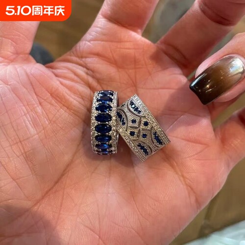 蓝色闪钻椭圆排钻戒指女新款叠戴中古风vintage素圈镂空宽版指环