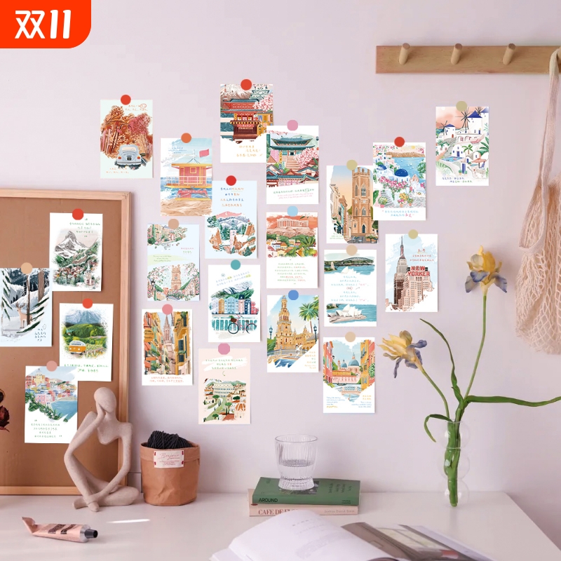 手绘世界风景明信片墙面ins风装饰卡片生日毕业留言贺卡浪漫小清新情调四季情书告白信笺