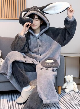 缇男士秋冬季加厚珊瑚绒加绒特大码长款睡袍法兰绒家居服可外穿