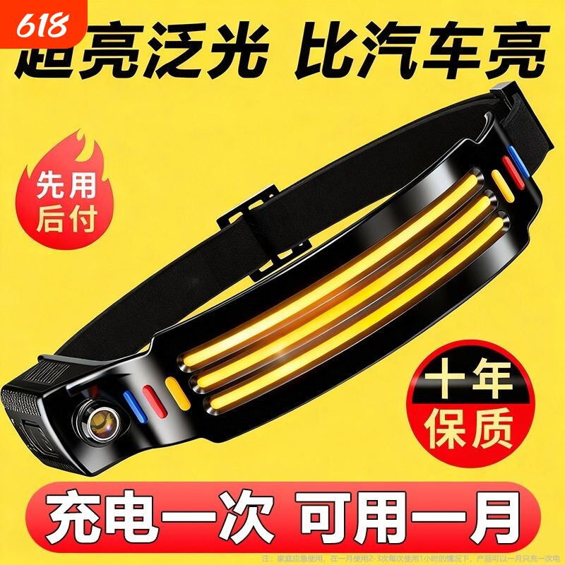 微笑鲨强光耐用头灯安全帽专用感应头戴式超亮户外COB工作头盔灯
