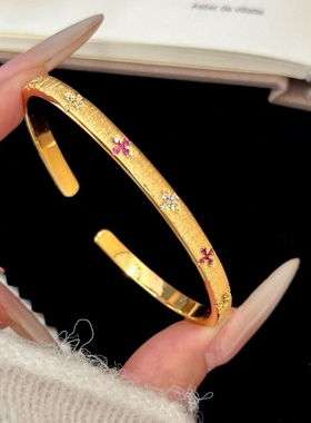 镀真金强保色古法沙金点钻粉白钻拉丝四叶草手镯精致高级百搭手镯