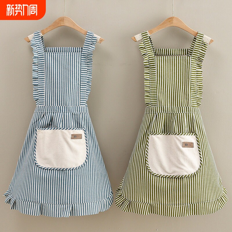 棉麻显瘦围裙女家用厨房做饭居家好物工作服洋气可爱条纹背带家务