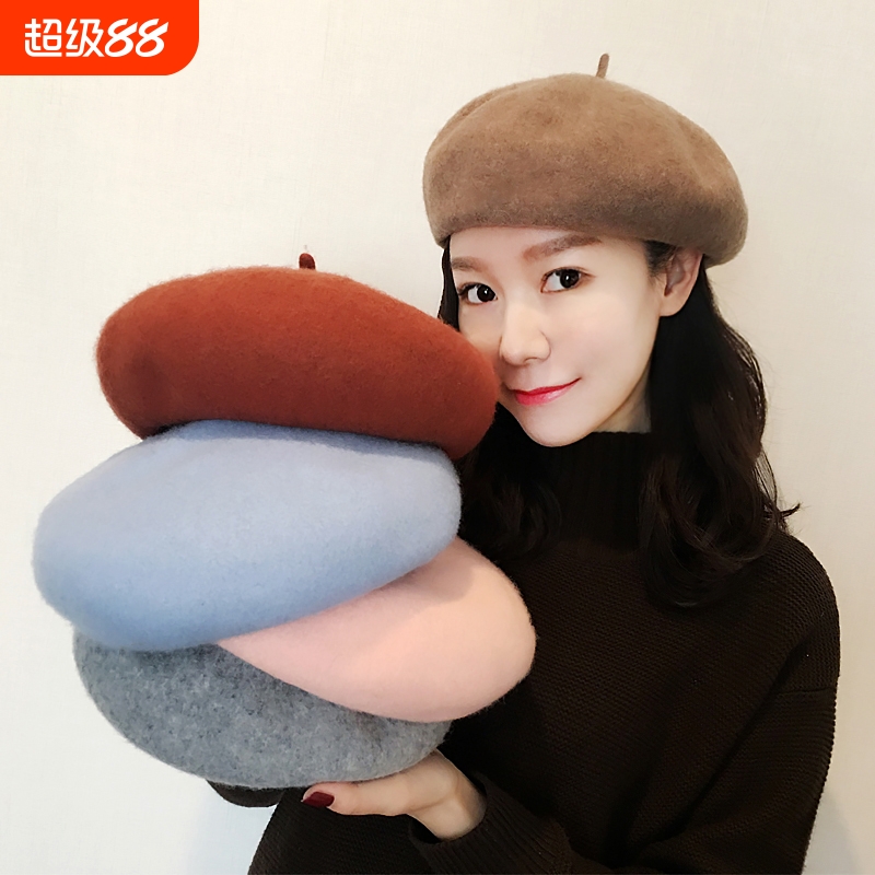 大头围贝雷帽子女秋冬韩版报童帽文艺复古羊毛纯色毛呢百搭画家帽