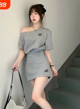 气质休闲运动套装女夏季学生韩版时尚宽松斜肩短袖短裙两件套显瘦