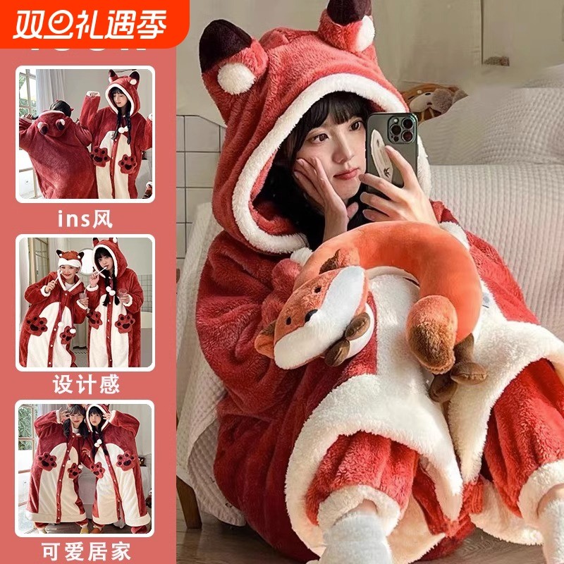 秋冬珊瑚绒睡袍女加绒加厚连帽长款睡裙法兰绒长裤家居服狐狸可爱