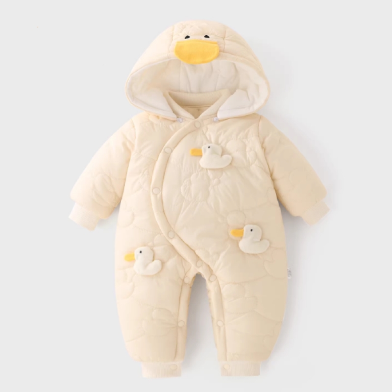 新生儿冬季连体衣加厚偏开婴儿可拆帽爬服03-6个月宝宝外出棉衣服