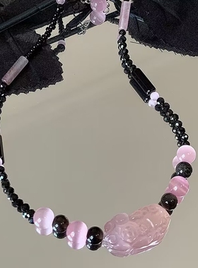 草莓晶貔貅项链锁骨链女颈链和田玉女银金色儿童礼物蝴蝶平安锁