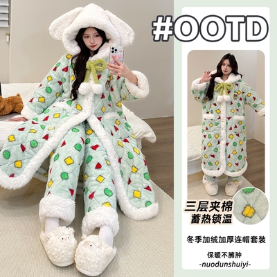 夹棉睡袍女款冬季珊瑚绒三层加厚
