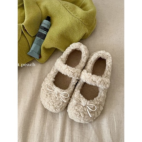 甜桃星球蝴蝶结加绒毛毛鞋女冬外穿2025新款保暖平底玛丽珍棉鞋子