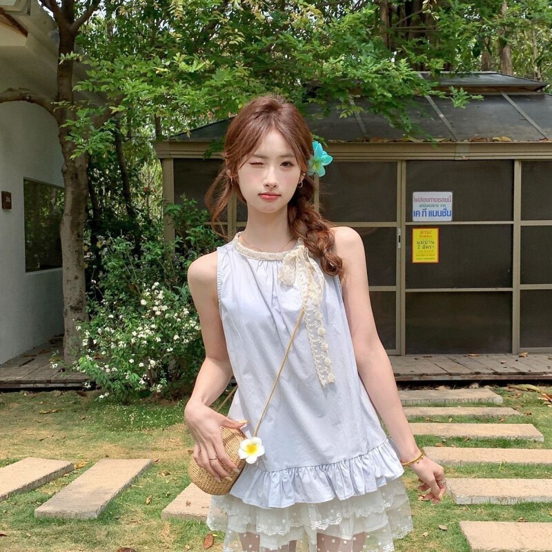 2026春夏薄荷花边圆领无袖背心上衣多巴胺蕾丝花边甜美清新显瘦