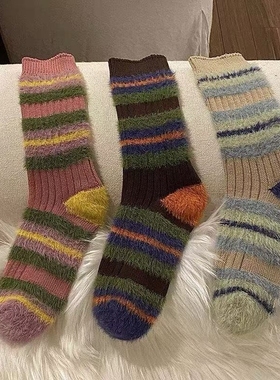 粗线条韩版拼色撞色仿貂ins毛茸茸袜子女甜美秋冬季保暖女中筒袜