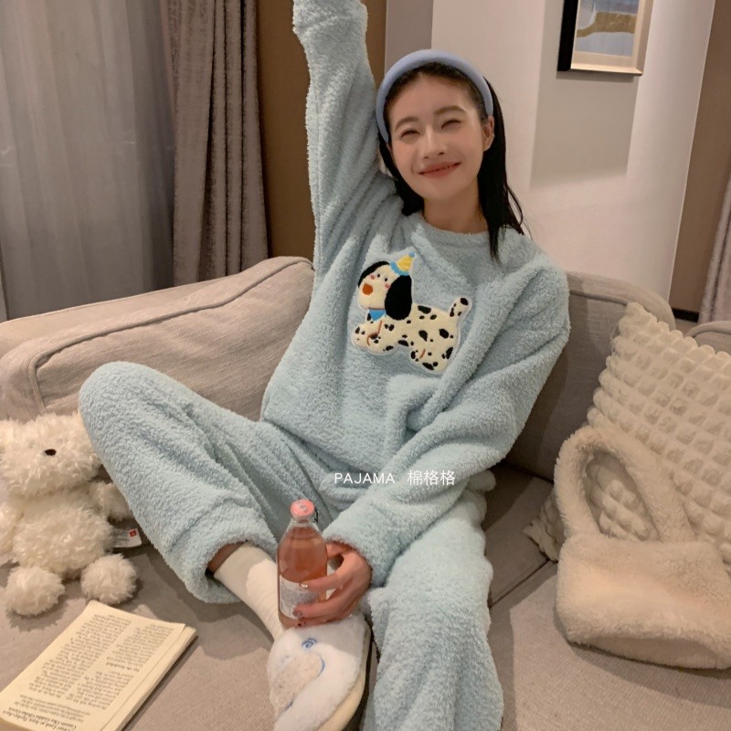 秋冬季珊瑚绒睡衣女加厚保暖甜美可爱加绒法兰绒可外穿家居服套装