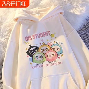 2025新款秋冬洋气上衣女童连帽卫衣加绒黑色白色粉色灰色红色卡通