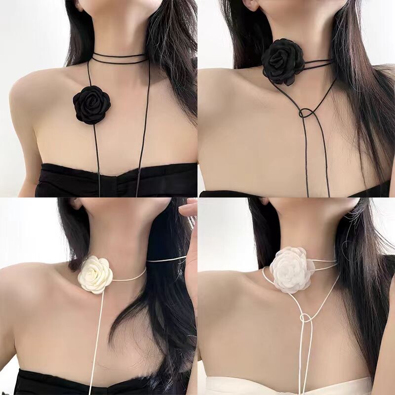 玫瑰花项链女生款choker颈花黑色花朵项圈颈带山茶花脖子配饰颈