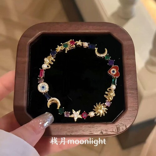 【月光宝盒】blingbling星月爱心多彩满钻重工金色手链轻奢高级感
