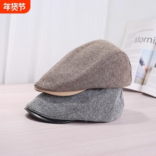 英伦风复古棉麻前进帽子女春秋季网红时尚百搭报童贝雷帽灰色休闲