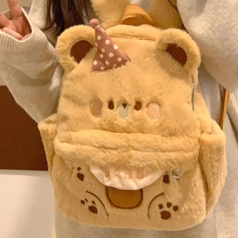 小熊毛绒双肩包秋冬可爱卡通背包女小众手提百搭创意高颜值毛毛包