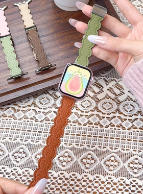 适用苹果手表s11表带金属二合一折叠扣10/9/7/8皮质6/5/4花边ultra1/2/3智能运动腕带配件绿色粉色硅胶小众