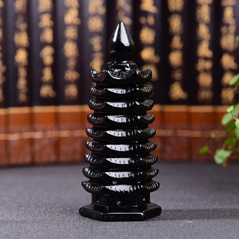 天然黑曜石文昌塔摆件九层塔13层书房办公水晶桌面摆设葫芦吊坠