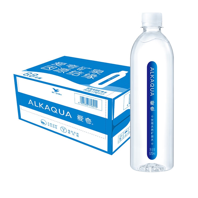 统一爱夸天然矿泉水570ml*24瓶整箱包邮长白山饮用天然水非矿泉水