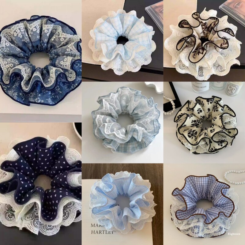韩系蕾丝波点法式款大肠发圈女扎低马尾高弹力头绳发饰格纹格子