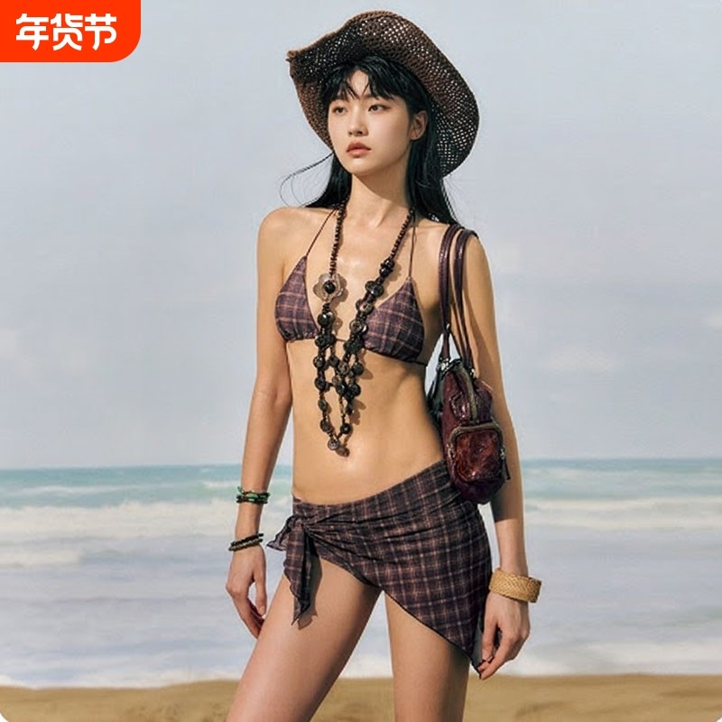 女游泳衣小胸分体复古格子系绳三点式分体比基尼小胸温泉泳装性感