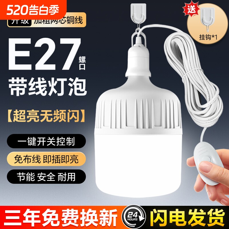 LED灯泡家用节能照明灯插电式灯座带插头开关线悬挂式E27螺口灯