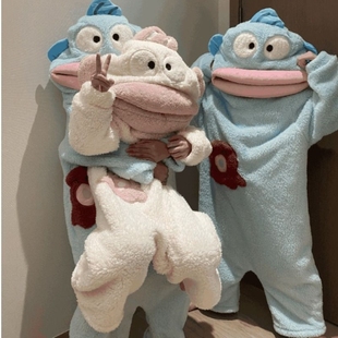 亲子丑鱼连体睡衣套装儿童可爱搞怪男女秋冬加厚珊瑚绒卡通家居服