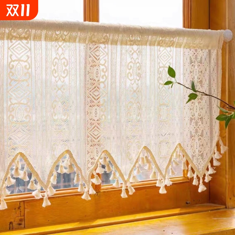美式蕾丝格子成品窗帘飘窗森系窗纱门帘穿杆两用免打孔法式遮光