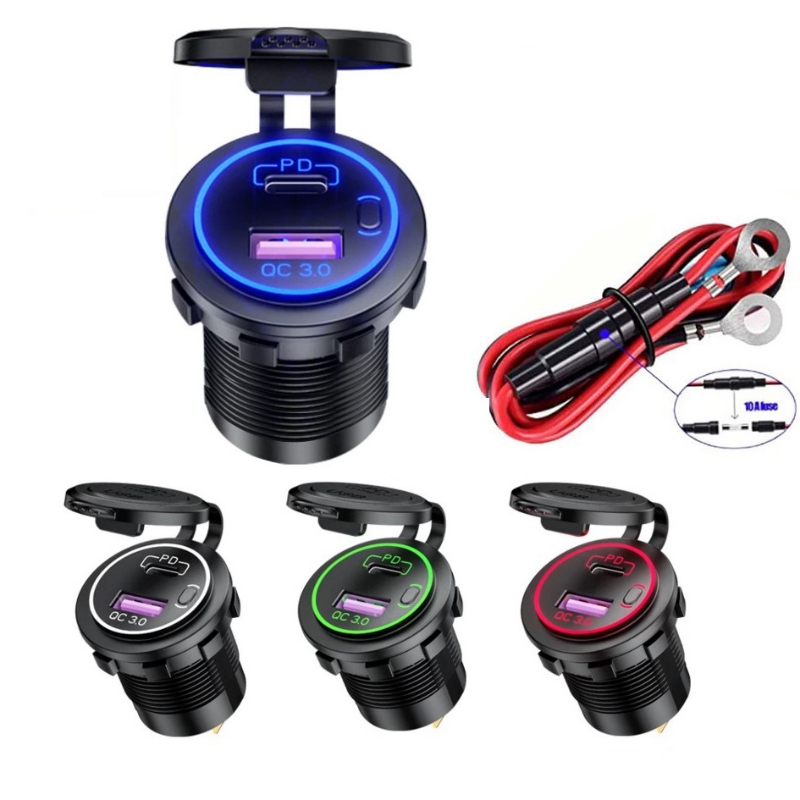 12-24V汽车摩托车载改装QC3.0USB+Type-C接口智能快充手机充电器