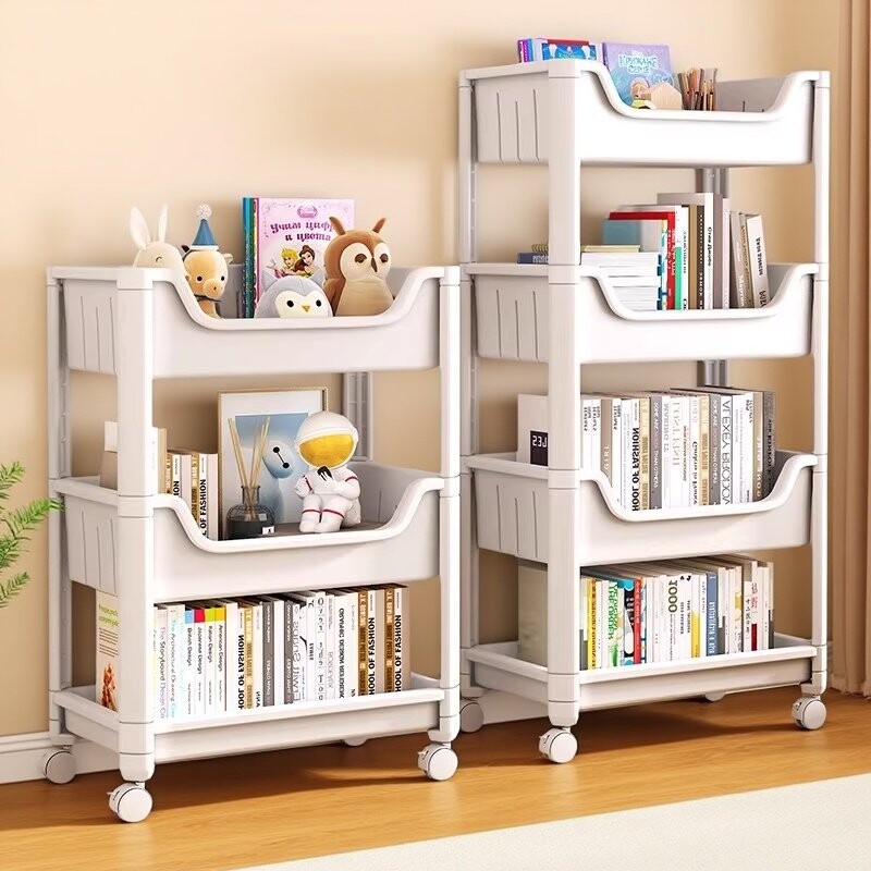 书架置物架落地简易多层带轮儿童玩具收纳移动小推车书柜床头学校