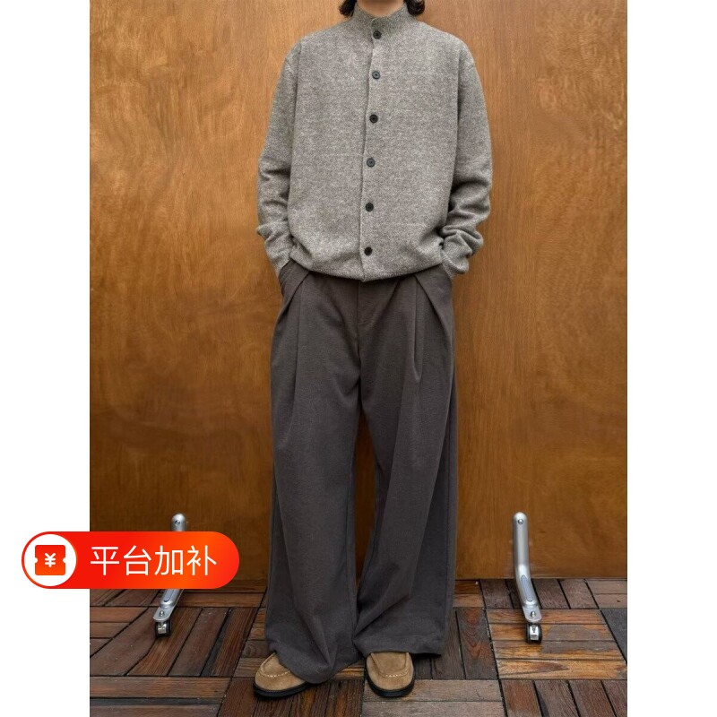 咖色立体褶皱老钱风西裤男款秋春美式宽松阔腿松弛感穿搭休闲长裤