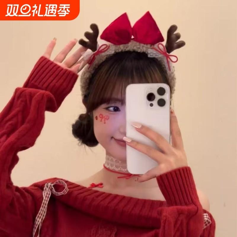 原创设计!圣诞节红色蝴蝶结鹿角毛绒发箍女氛围感装扮头箍发饰