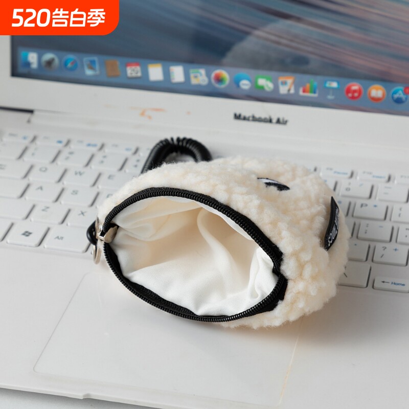 玩偶零钱包带拉链小挂件毛绒绒小包便携可挂包小众收纳包帆布白色