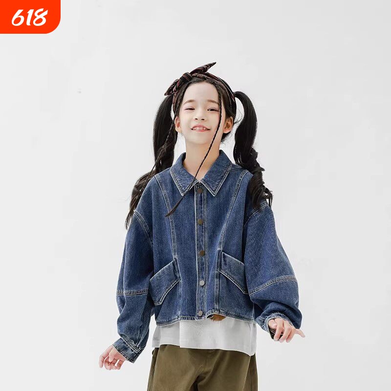 儿童装女童春秋季新款外穿牛仔上衣中大童复古时髦灯笼袖百搭外套