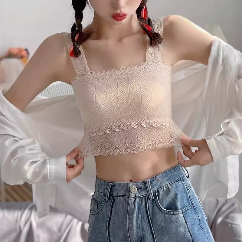 美背蕾丝吊带小背心女露脐装夏季裹胸内衣防走光上衣黑色带胸垫图片