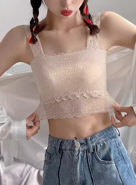 美背蕾丝吊带小背心女短款露脐装夏季内搭裹胸防走光上衣黑色白色